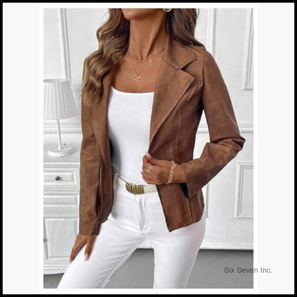 Faux Suede Blazer Jacket with Notch Collar and Open Front - Picture 2 of 5